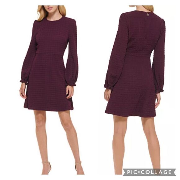 Tommy Hilfiger Zipped Ruffle Fit & Flare Dress Purple Darted Houndstooth 6P - Picture 1 of 13